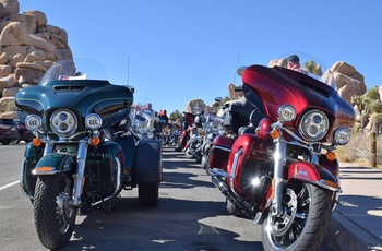 Motorcykler på parkeringsplads i Joshua Tree National Park, Californien i USA